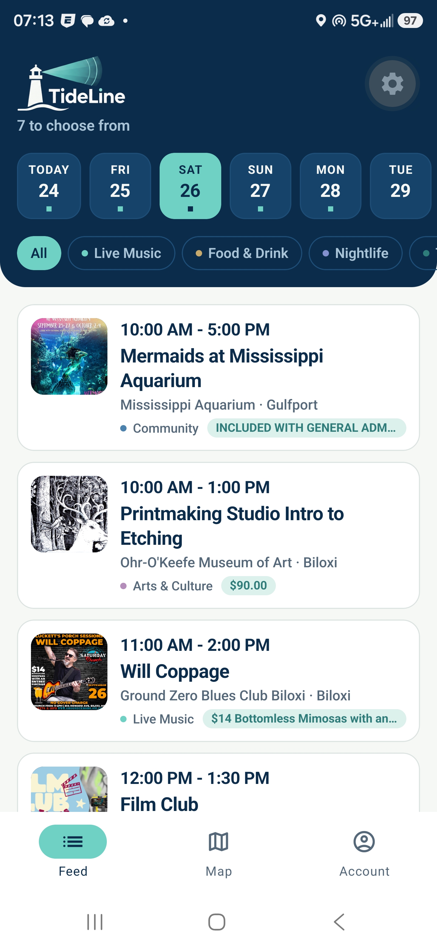 The TideLine Feed on a phone: a row of days with Saturday 26 selected, category filters, and event cards for Mermaids at Mississippi Aquarium, an etching class at the Ohr-O'Keefe Museum, and Will Coppage at Ground Zero Blues Club.